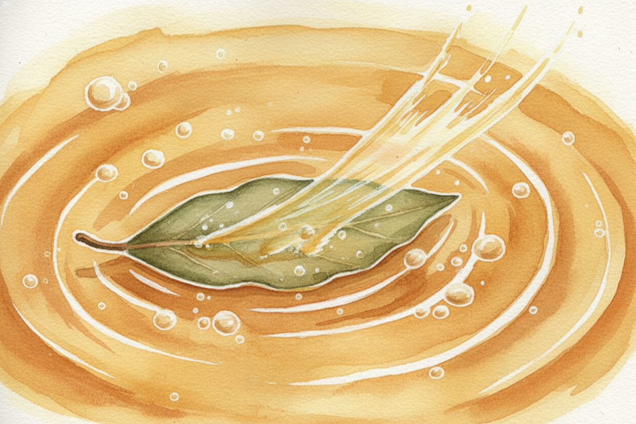 When the leaf hits hot liquid, **heat breaks open those tiny pockets**. The oils dissolve into the broth, *molecule by m