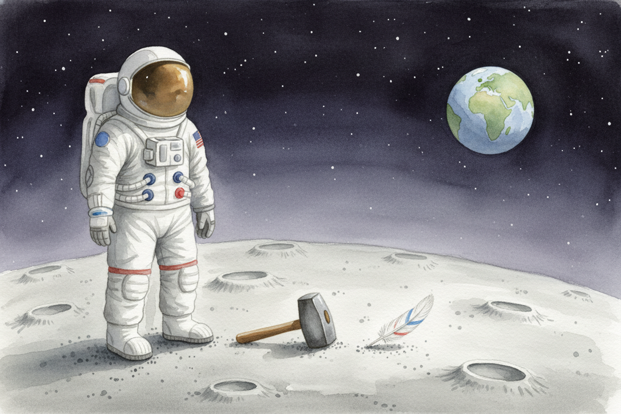 Astronauts on the Moon did this experiment for real in 1971. ++Commander David Scott++ stood on the gray lunar dust, hel