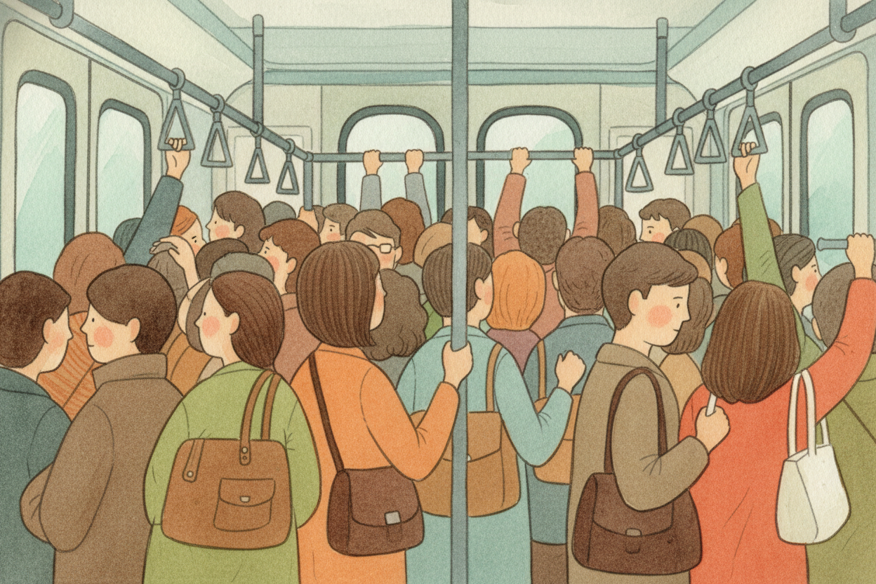 ~~Think of it like this.~~ You're in a **crowded subway car**, squeezed between other passengers. You can't move forward