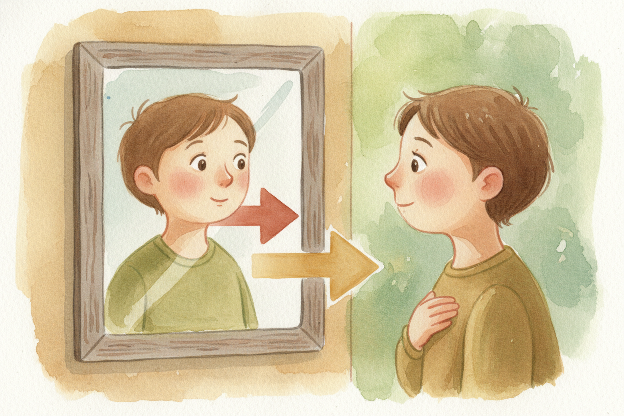 ~~Here's the trick:~~ the mirror isn't actually flipping left and right at all. What it's REALLY doing is **flipping fro