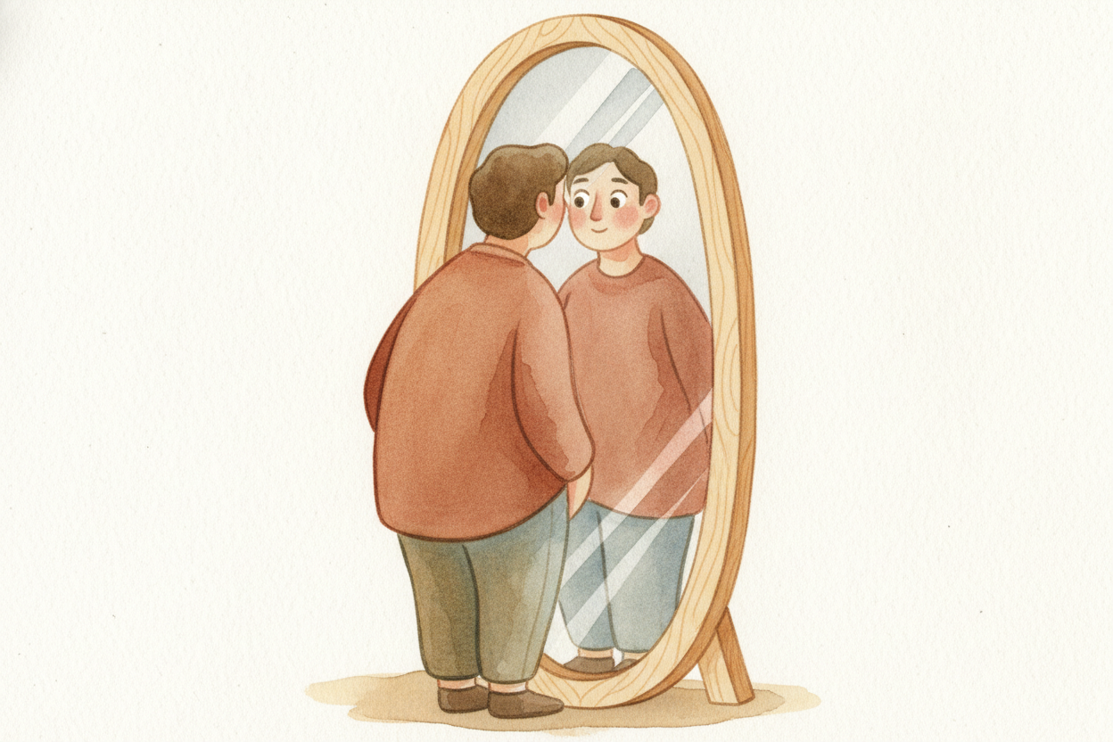 Now think about your back. It's the farthest part of you from the mirror. In the reflection, mirror-you's back is ~~ALSO