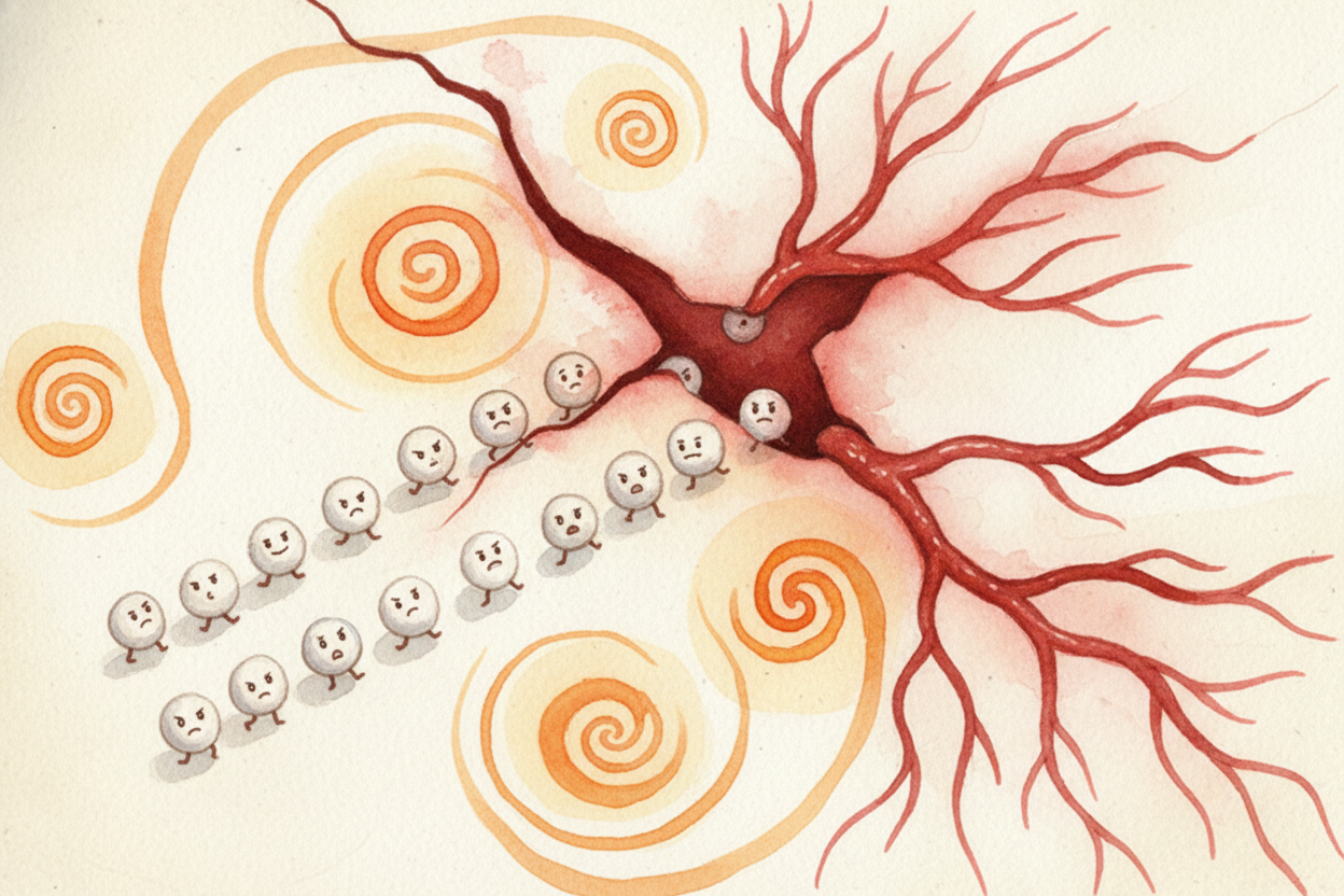 Your body also floods the area with chemical alarms called ++inflammatory signals++. _They're trying to help_ — they sum
