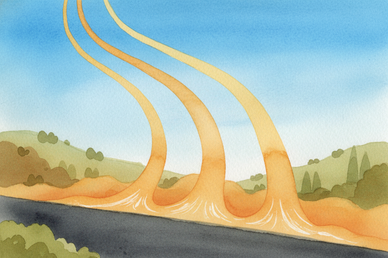 Light from the sky travels down toward the road, but when it hits that hot air layer, it ~~bends upward instead of conti