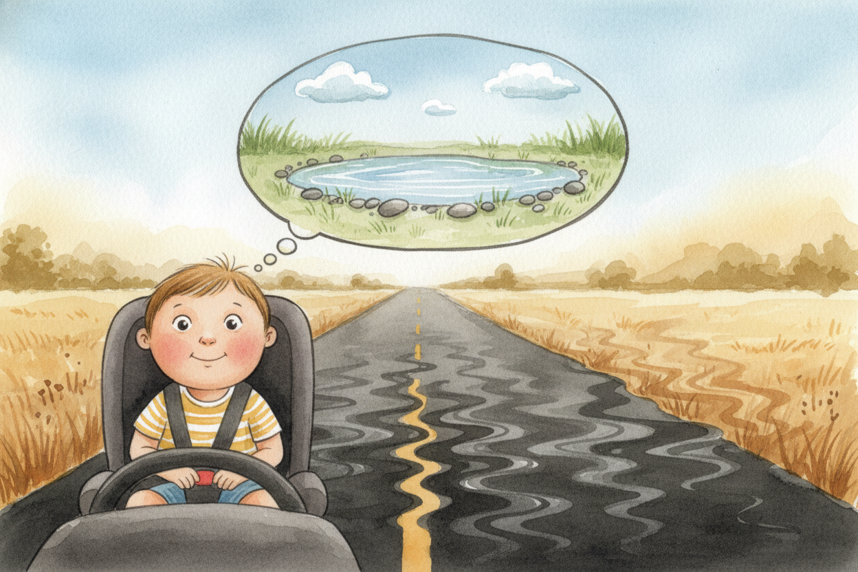 Your brain doesn't know about **bending light rays**. It just sees light coming from low down on the road and assumes it