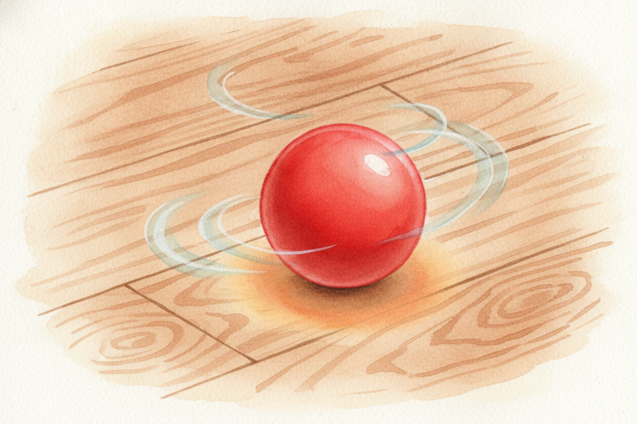 So nothing magical stops the ball. Friction and air ~~quietly nibble away~~ its motion, turning it into a *whisper of he