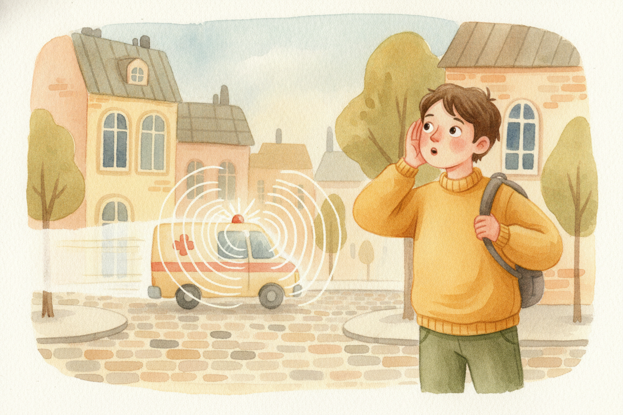 You're standing on a corner when an ambulance ~~races past~~. As it approaches, the siren wails *high and bright*. The i