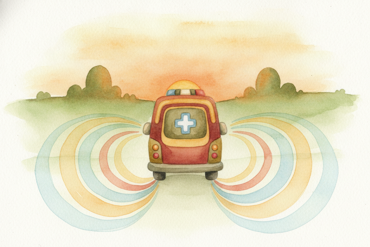 Behind the ambulance, ~~the opposite happens~~. It's speeding away from those waves, **stretching them out long and lazy