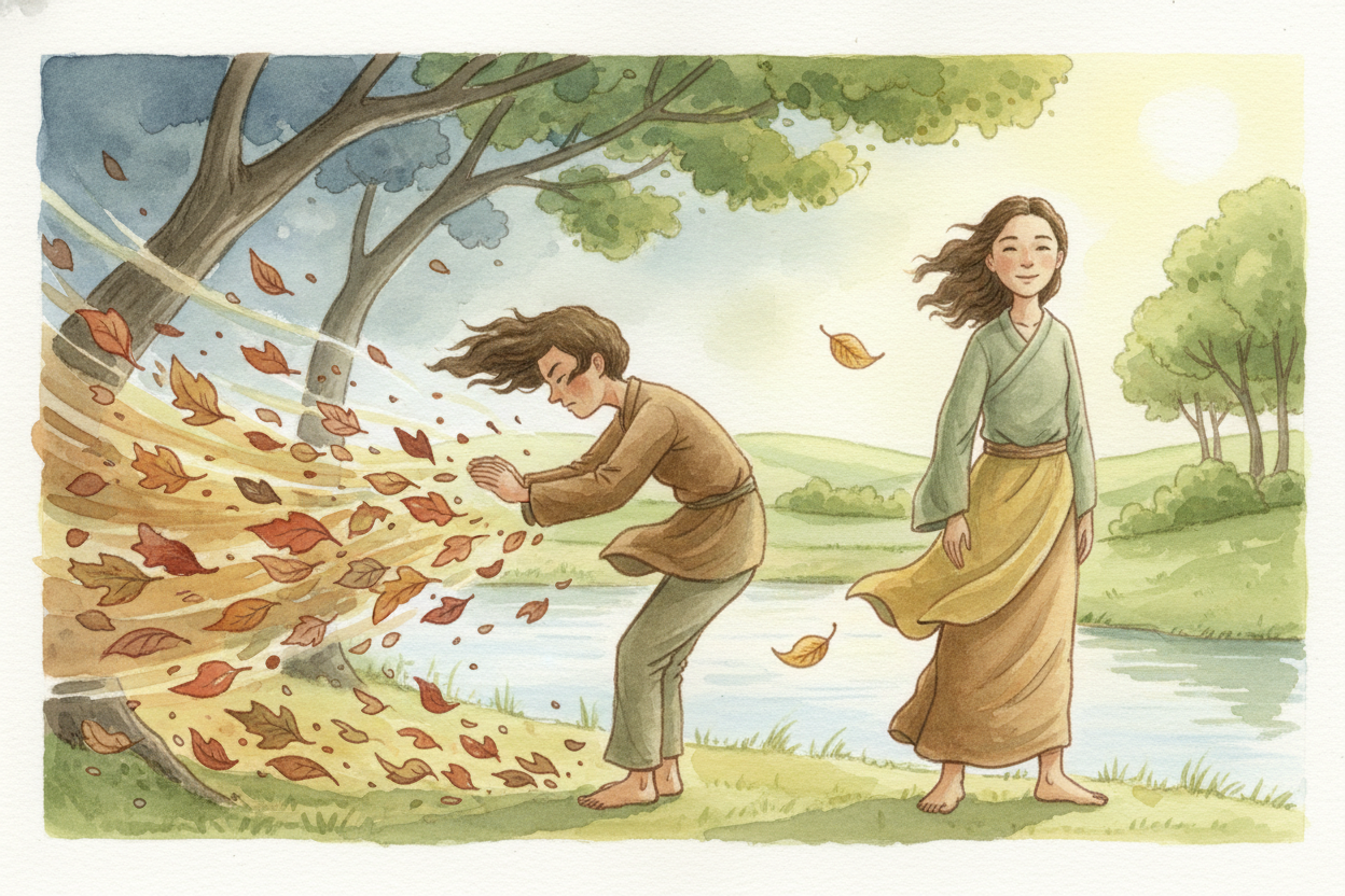 ~~여기서 흥미로운 일이 일어납니다.~~ 빠르게 움직이는 공기는 느리게 움직이는 공기보다 *덜 밀어요*. **산들바람과 강한 바람의 차이**와 비슷해요. 산들바람은 살짝 건드리는 정도지만, 강한 바람은 ~~옆으로 확