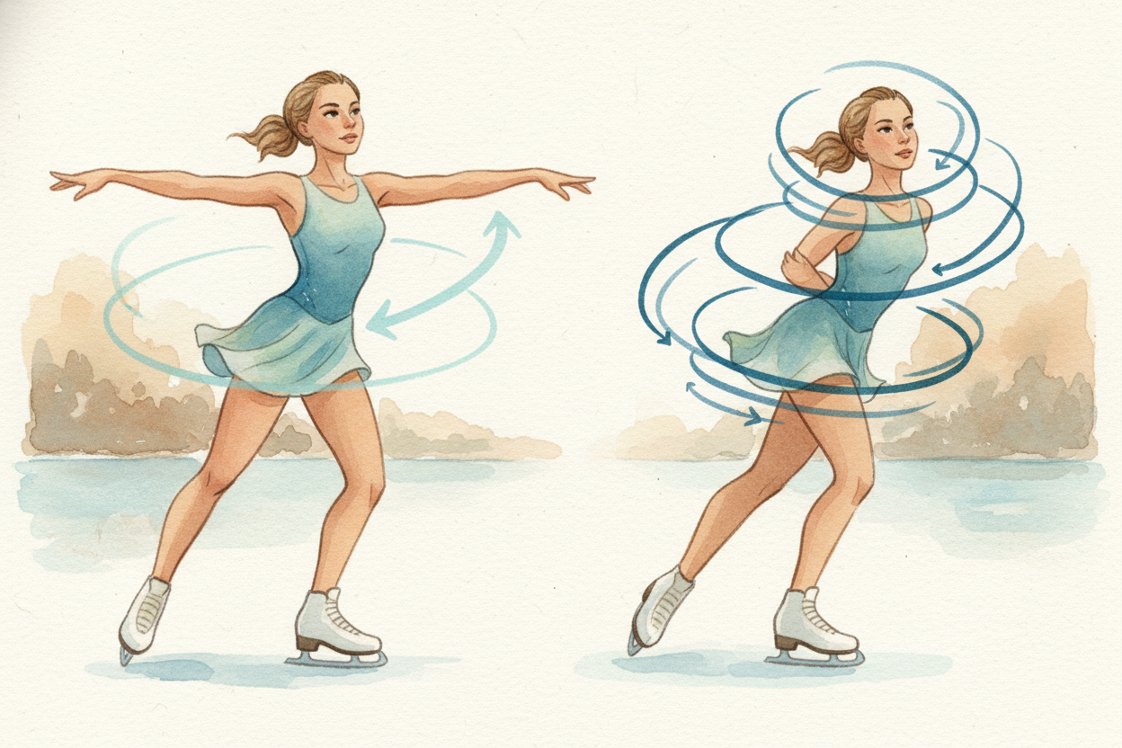 ++Angular momentum++ depends on two things: **how fast you spin**, and **how far your mass is from the center**. Spread 