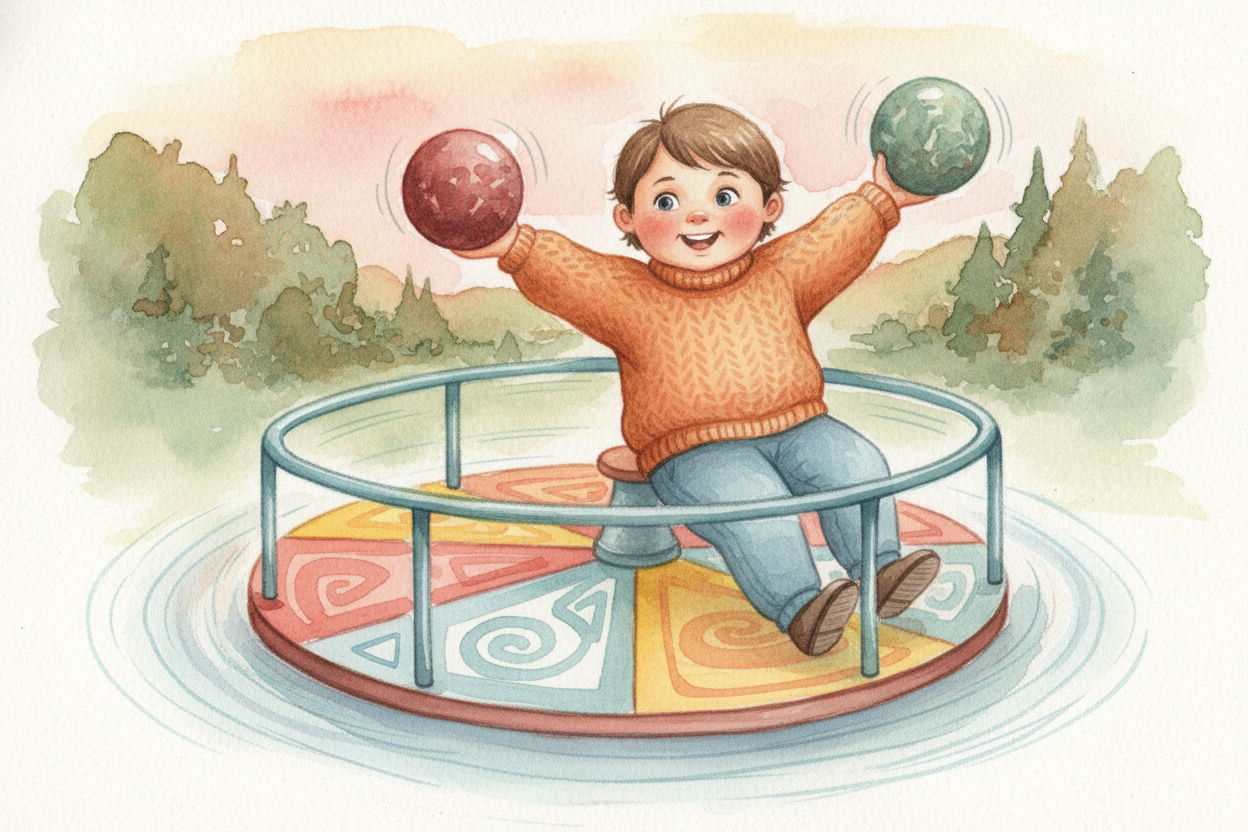 Imagine you're on a merry-go-round *holding a heavy ball in each hand*. Arms out, you spin steadily. Now pull the balls 