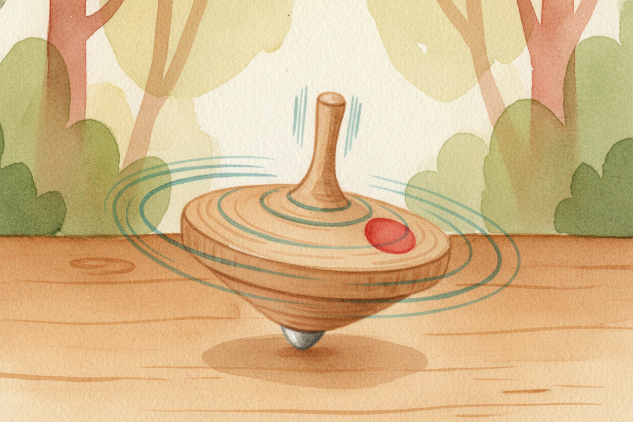 When the top spins, every bit of it is racing in circles. The paint, the wood, the tip — all whirling around that invisi