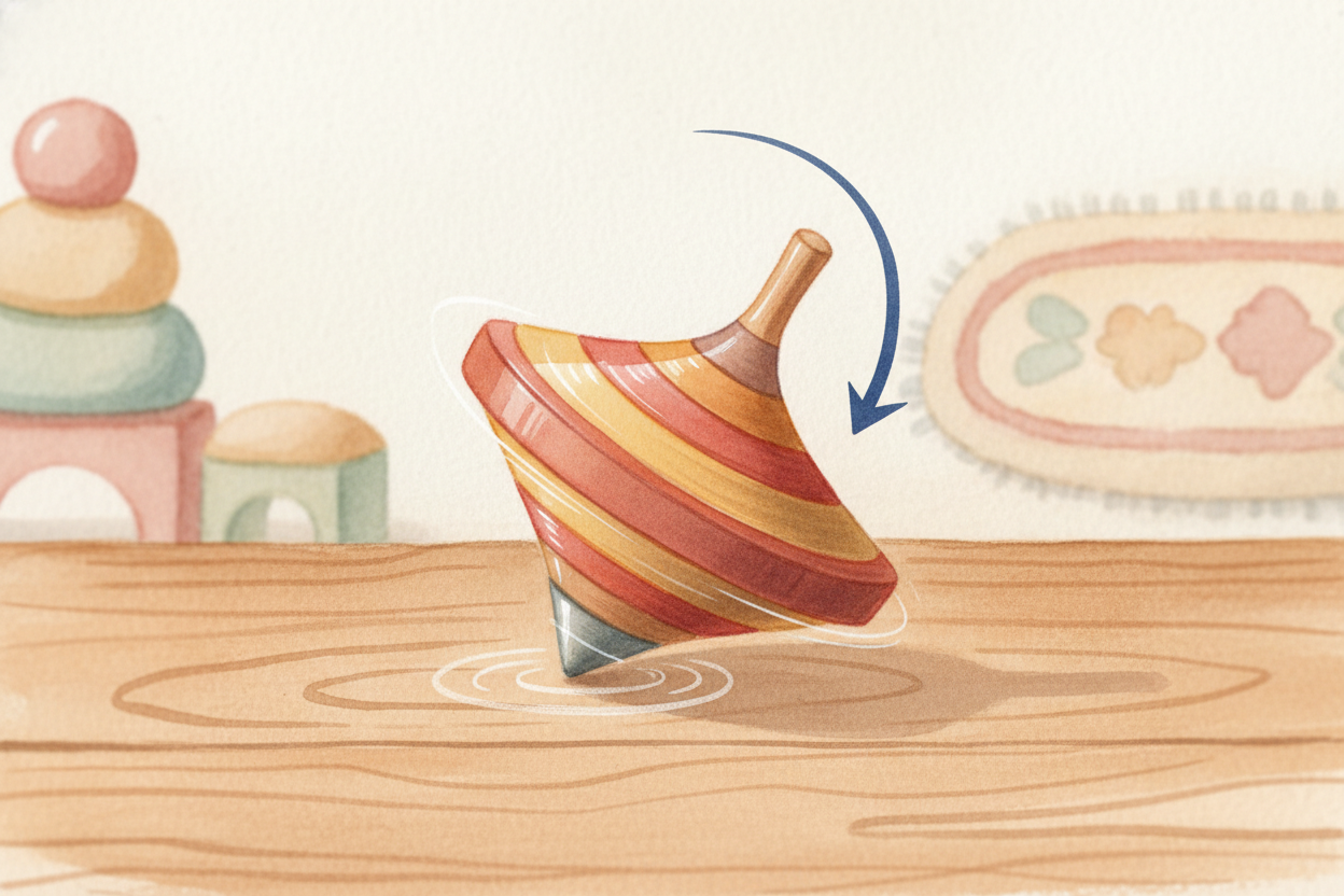 Now gravity is always trying to tip the top over, pulling harder on one side than the other. On a still top, **gravity w