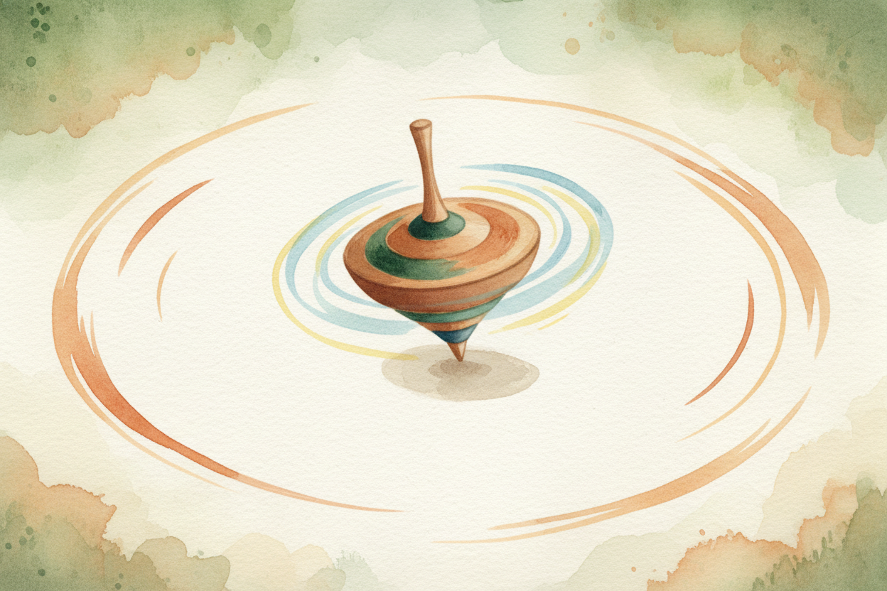 Instead of tipping over, the top's axis swivels. The whole top leans in a slow circle — that wobbling motion is called ~