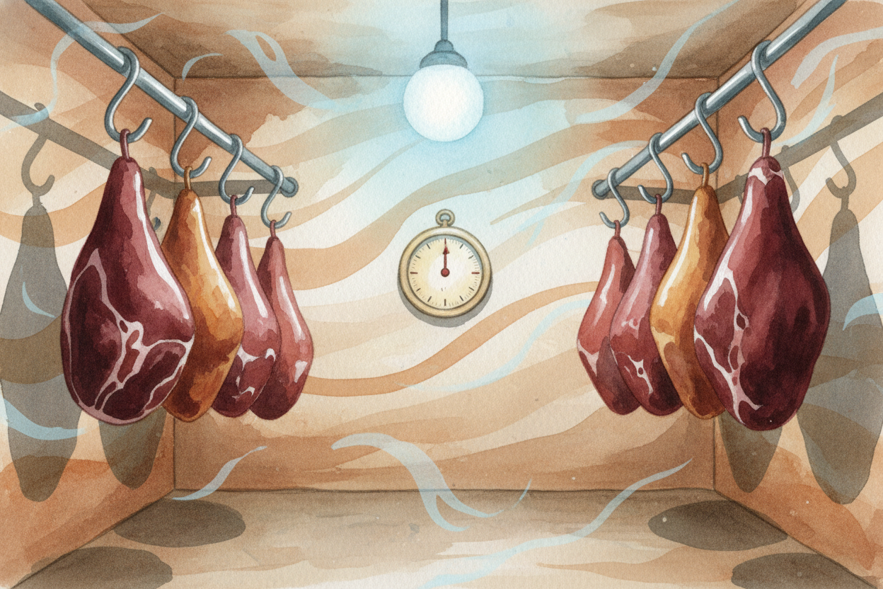 The aging room is cold — **just above freezing** — and dry. Cold enough to keep bacteria at bay, but warm enough that th