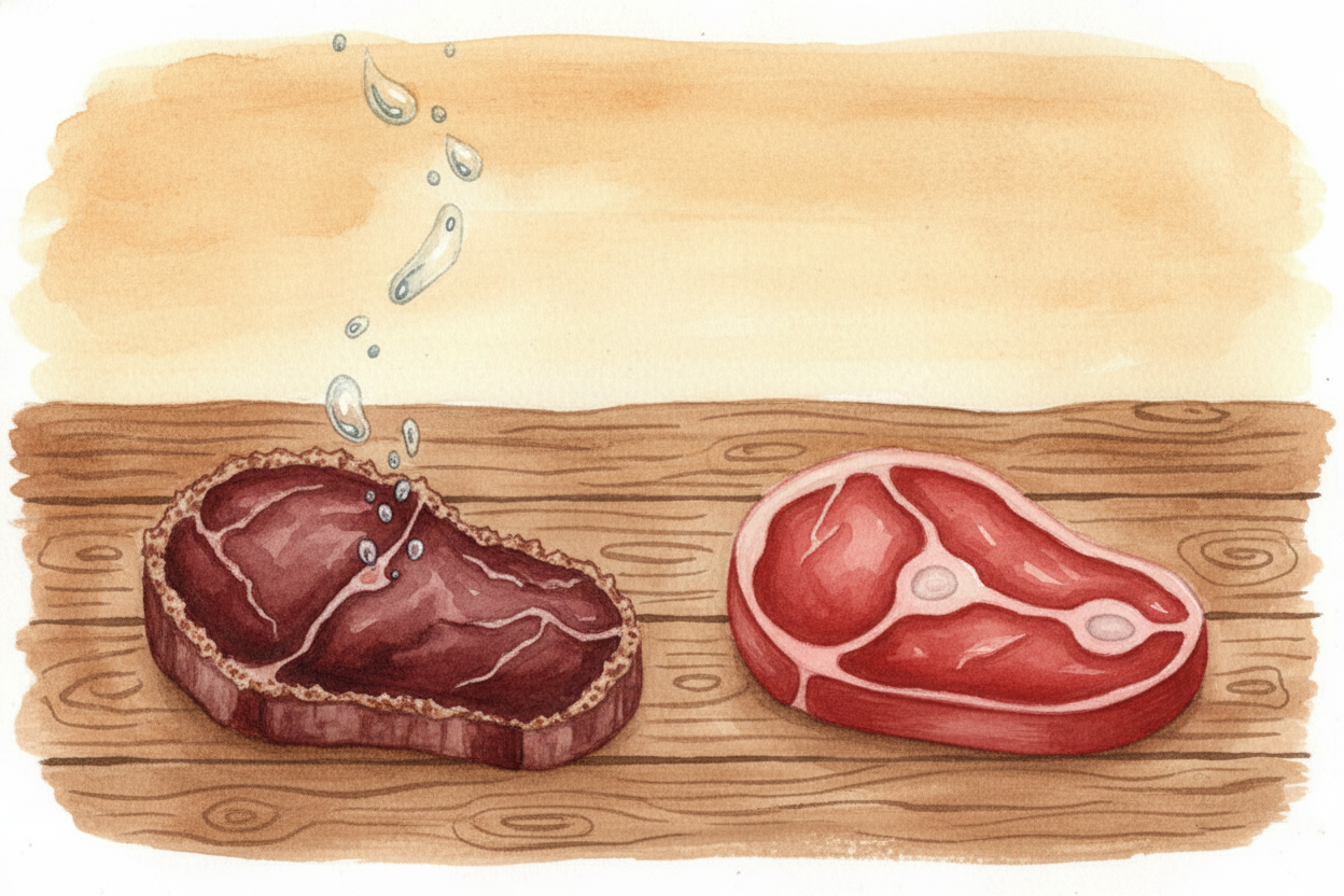 At the same time, moisture evaporates from the surface. The outer layer dries into a **hard crust** — the butcher will t