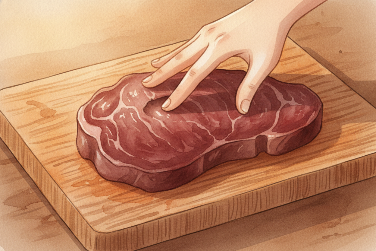 **After two weeks**, the enzymes have snipped enough fibers that the steak *bends more easily*. After four weeks, it's n