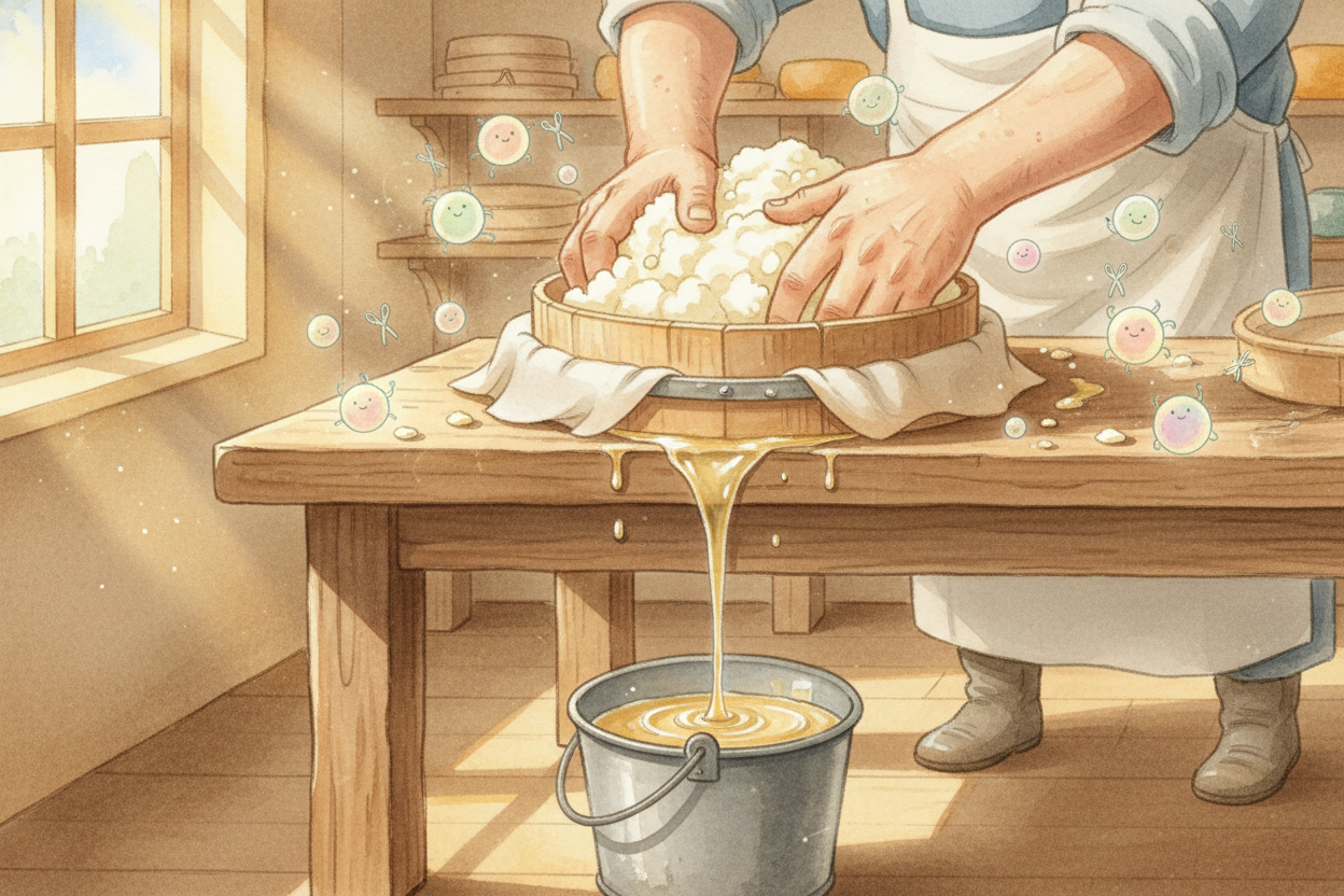 Cheese starts as milk — mostly water, fat, sugar, and proteins all mixed together. Cheesemakers add bacteria and an enzy