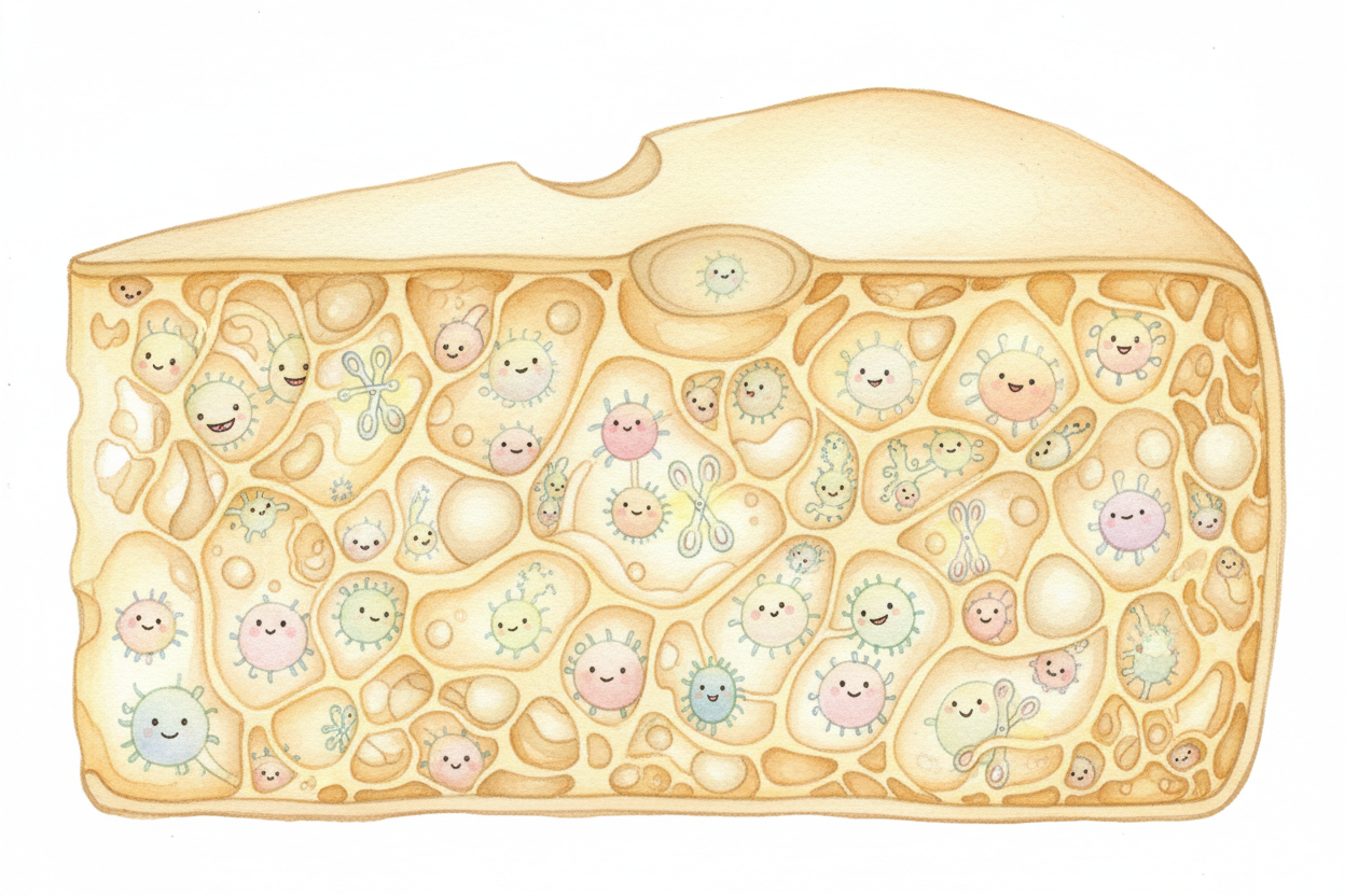 Inside that young cheese, **millions of bacteria** are still alive, along with natural enzymes from the milk. They're _t