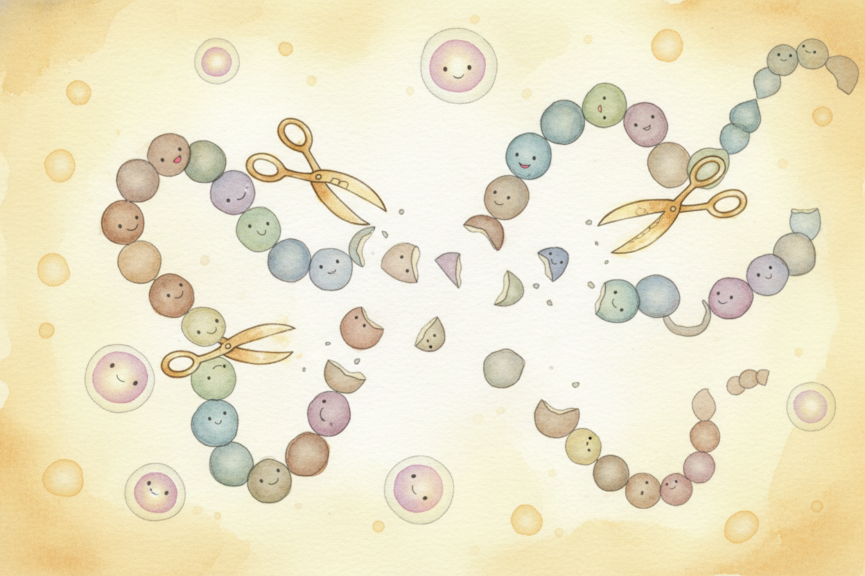 Proteins are long chains of amino acids, *like beaded necklaces*. Enzymes act like ~~tiny scissors~~, snipping those cha