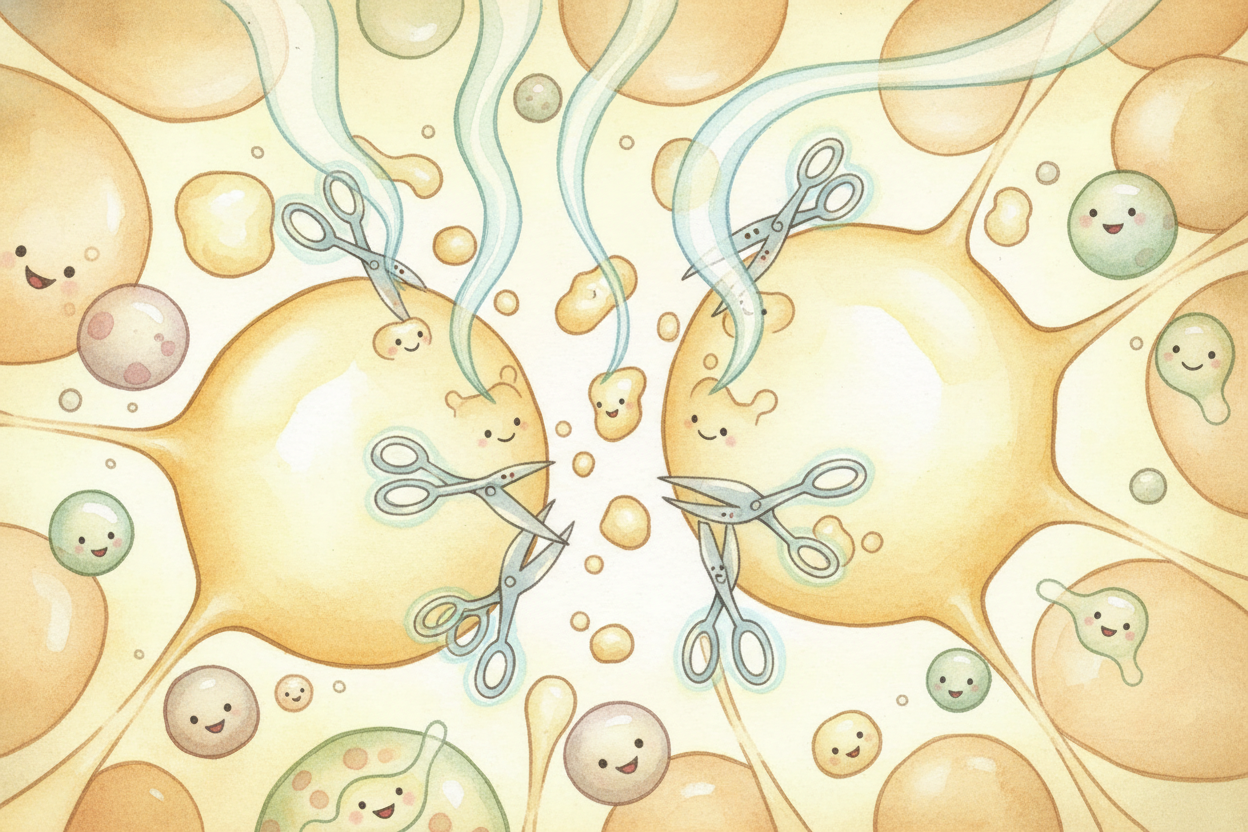 Fats break down too. Enzymes called ++lipases++ split fat molecules into fatty acids, some of which taste pungent or tan