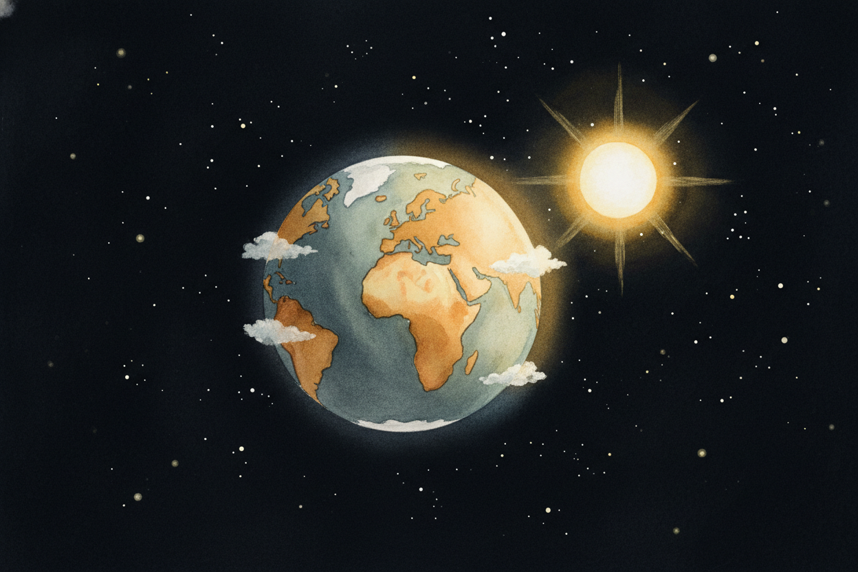 ~~Here's the setup:~~ You're standing on Earth, which is spinning through space. The ++Sun++ — a star **93 million miles