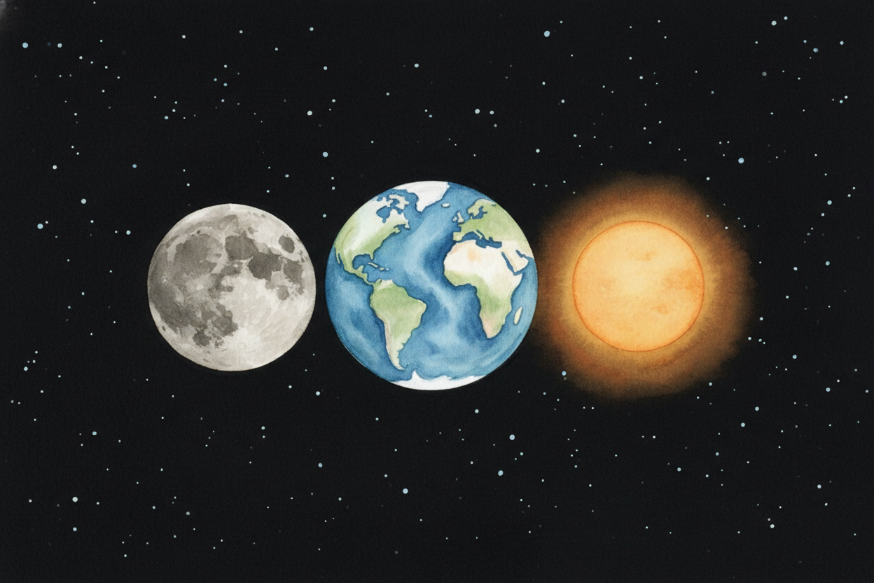 Orbiting around Earth, about 240,000 miles away, is the ++Moon++ — a big rocky ball with no light of its own. It's much 