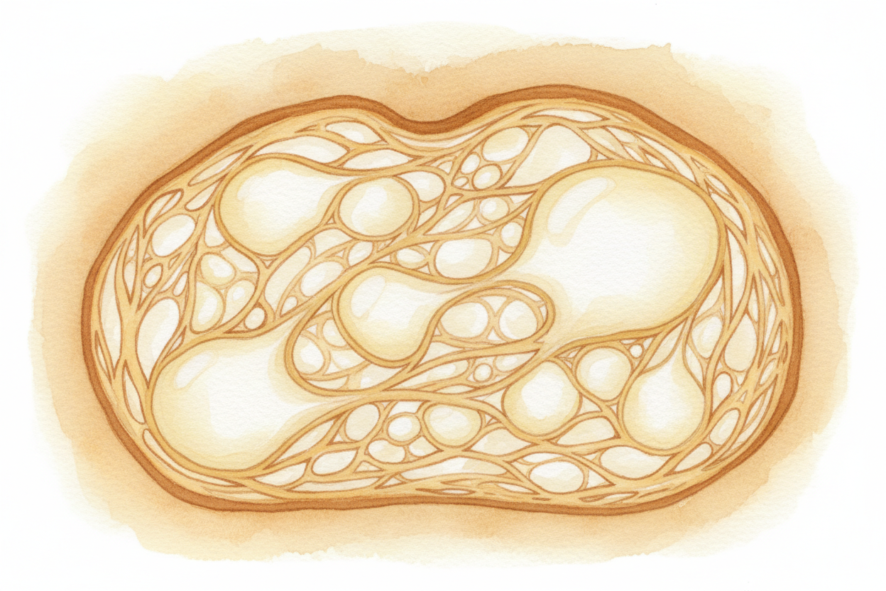 Dough is stretchy, like a rubber balloon. The ++gluten++ in the flour — *long, springy protein strands* — forms a networ