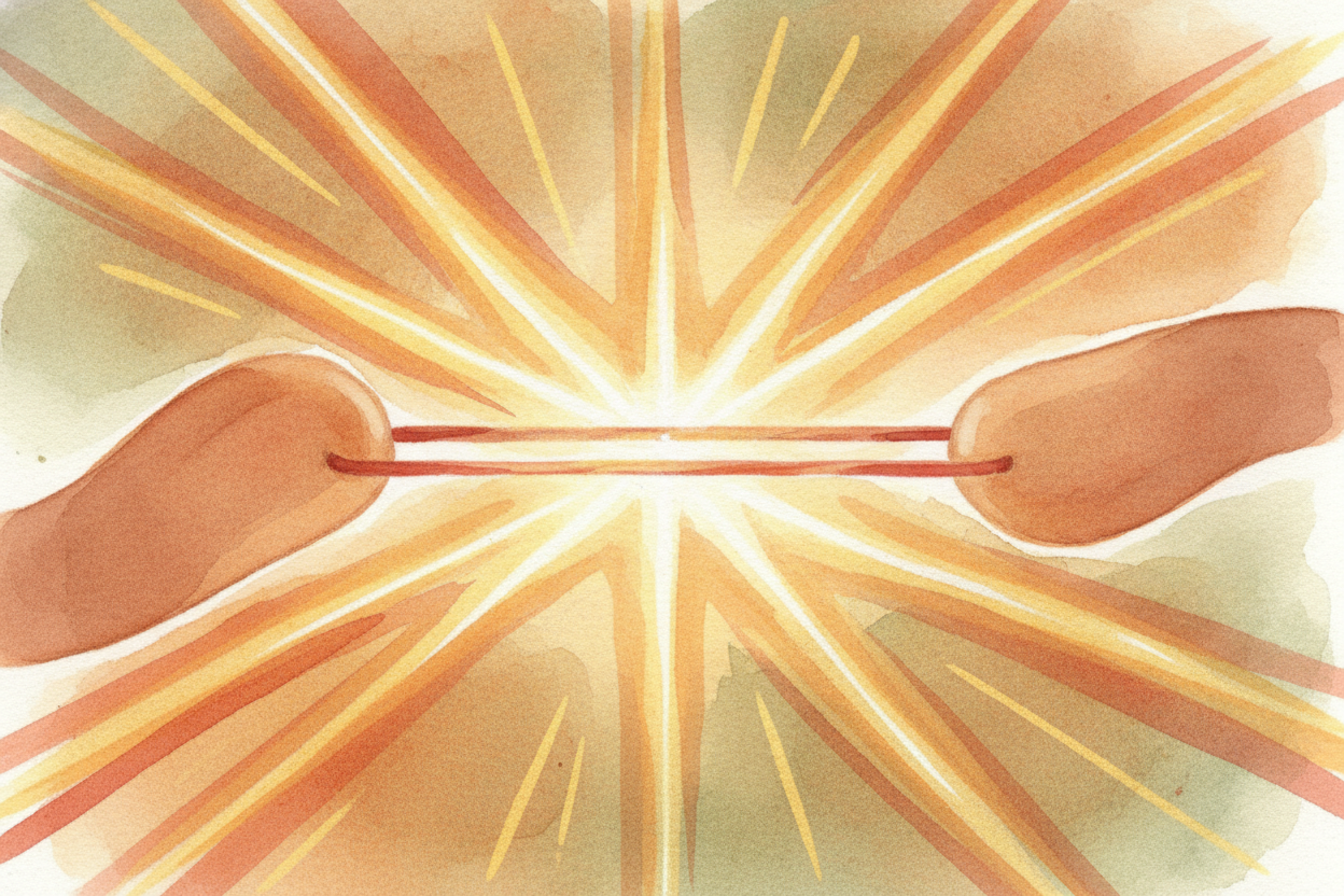That leftover energy comes pouring out as heat and light. Picture a stretched rubber band finally let go — ~~twang!~~ — 