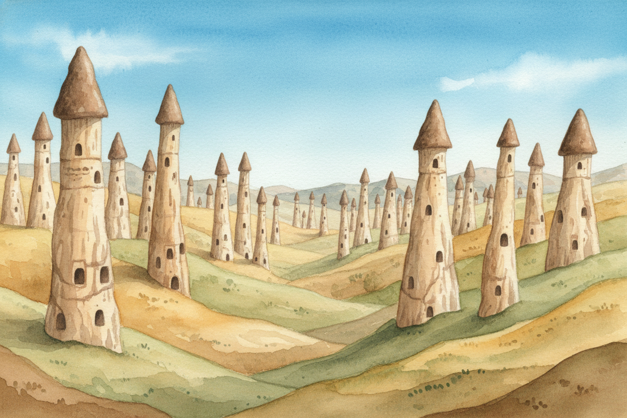 In the middle of Turkey, a whole valley looks like it belongs on another planet. Tall stone towers stand like skinny gia