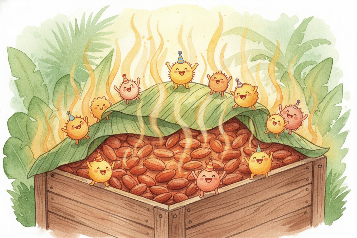 Farmers pile those slimy seeds into wooden boxes or under banana leaves and let them sit in the hot tropical air for abo