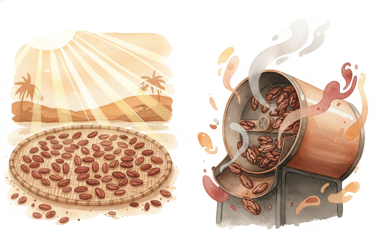 After fermentation, the seeds are dried in the sun, then roasted — and ~~that's when the magic clicks into place~~. The 