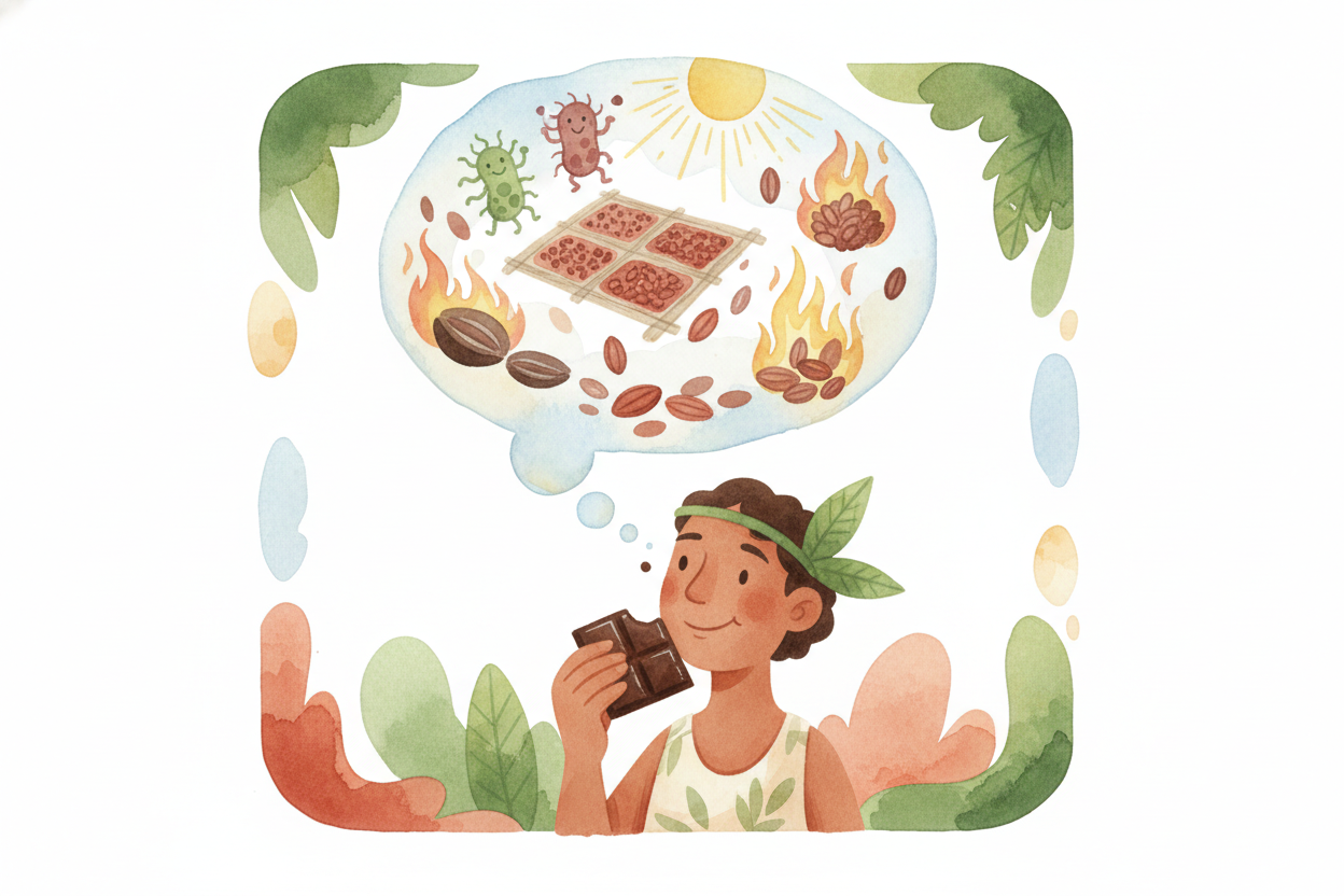 ~~So the next time~~ you bite into chocolate, remember: you're tasting a **week-long microbial party**, a **sun-dried na
