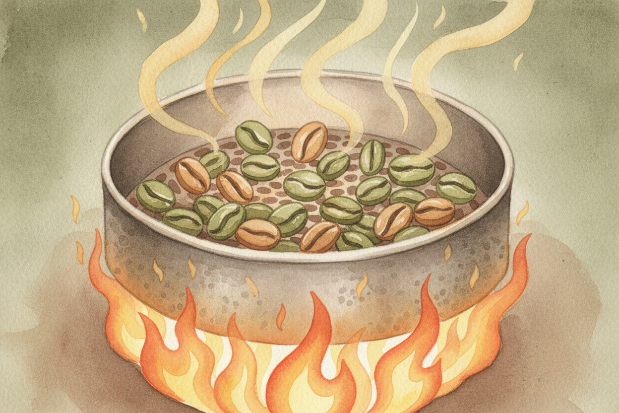 ~~Roasting is controlled burning.~~ You tumble the beans in a hot drum — **around 400°F** to start — and *chemistry goes
