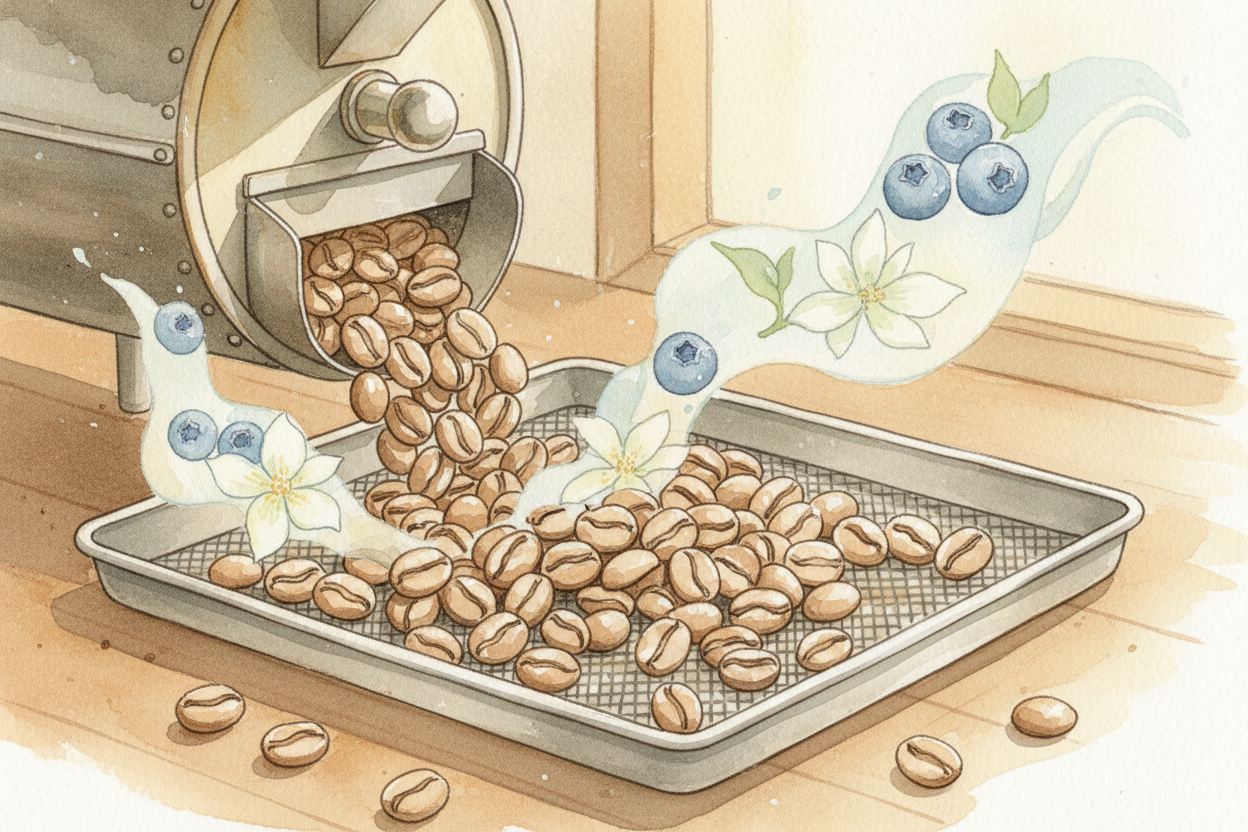 At light roast, you stop early — ~~the beans crack once, like popcorn~~, and you pull them out. The *fruity, floral chem