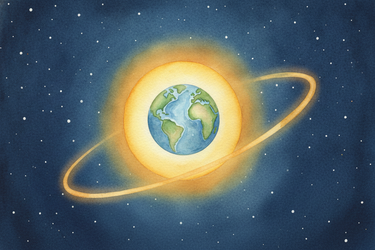 Every year, Earth takes a **long, looping walk** around the Sun. It never stops, never gets tired, and never wanders off