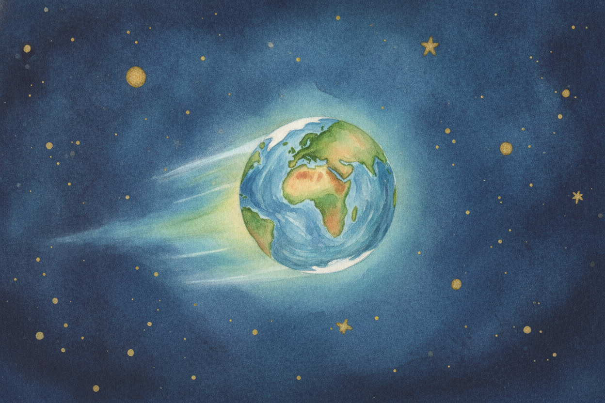 Because Earth isn't sitting still. It's racing sideways — ~~incredibly fast~~, about **30 kilometers every single second