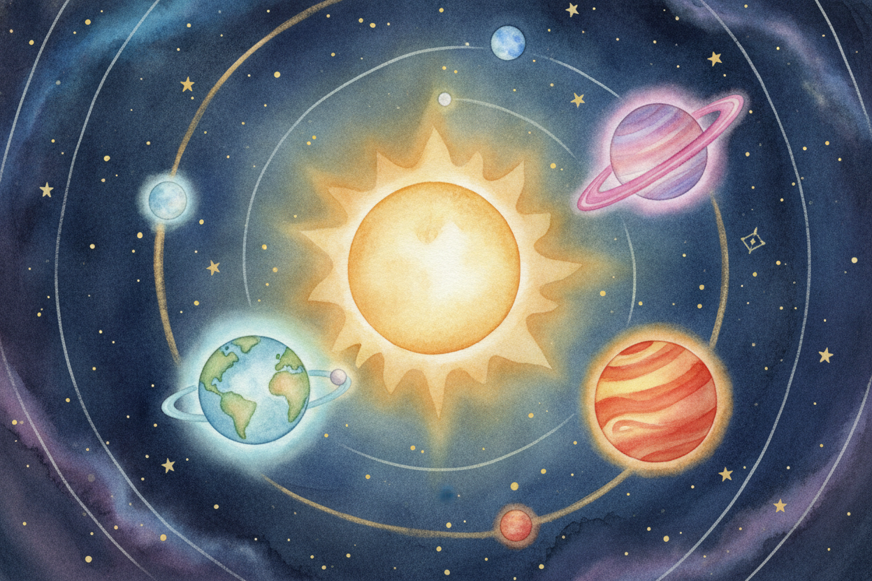 ~~This same trick~~ runs the whole neighborhood. Every planet is **falling sideways** around the Sun, each *at its own p
