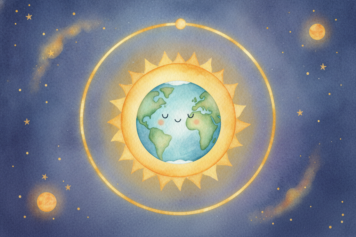 So Earth has no string and no engine. It's simply ~~falling forever~~ — and **forever missing the Sun** by a comfortable