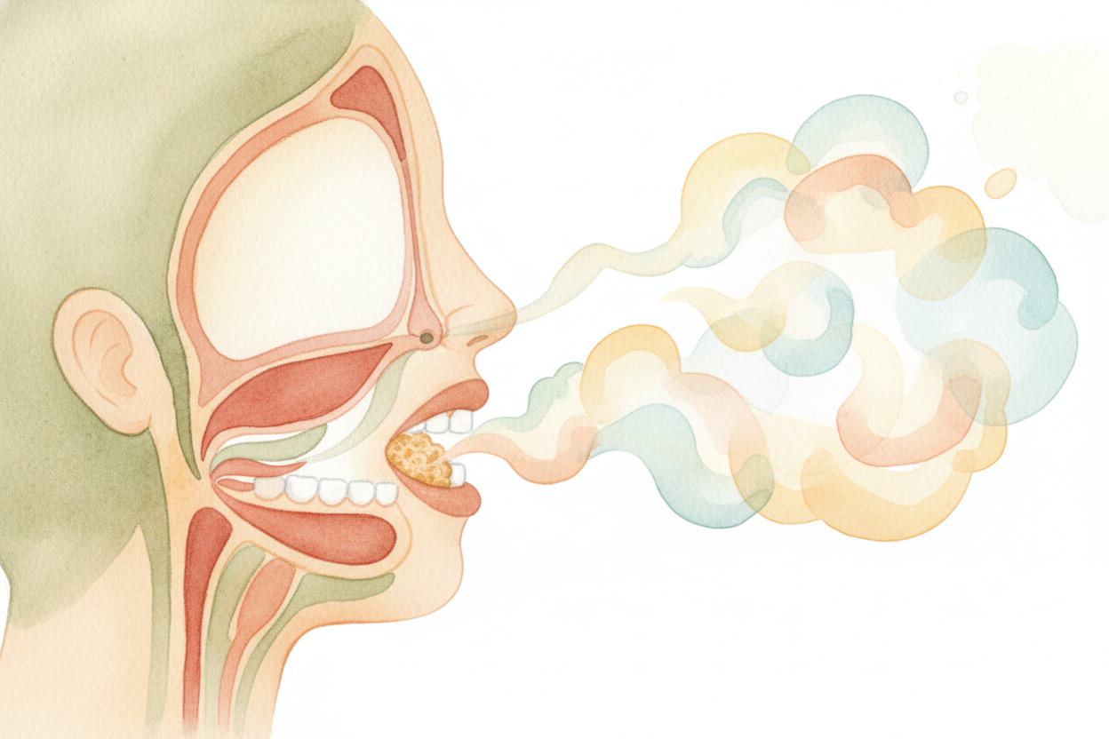 When you chew, **tiny flavor molecules** float up from your mouth into your nose through a ~~back hallway in your throat