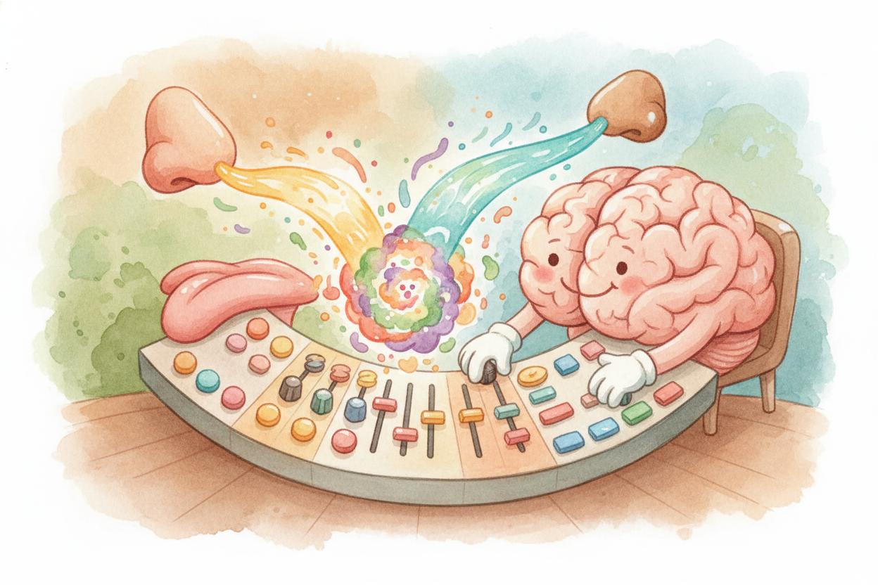 Your brain combines the five tongue tastes with **hundreds of different smells** from your nose. Together, they create w