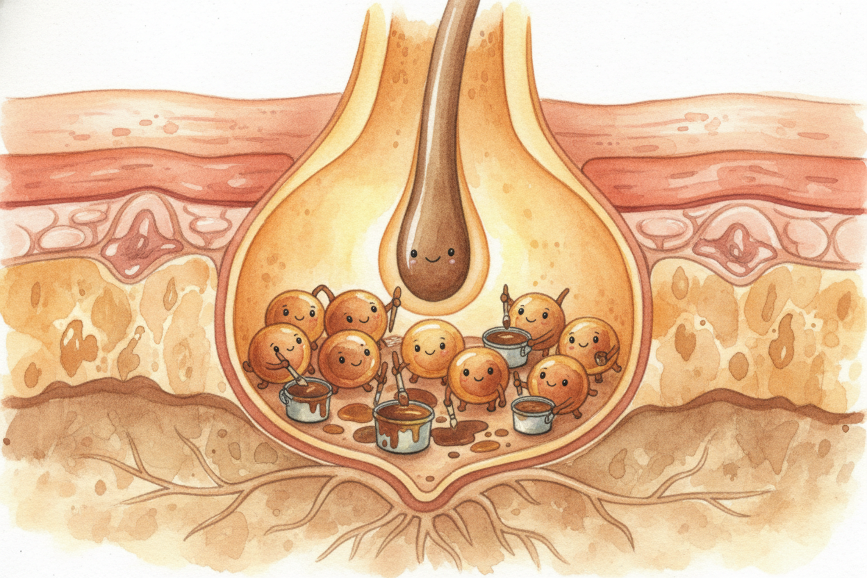 Every hair on your head grows from a little pocket in your skin called a ++follicle++. Down at the bottom of each follic
