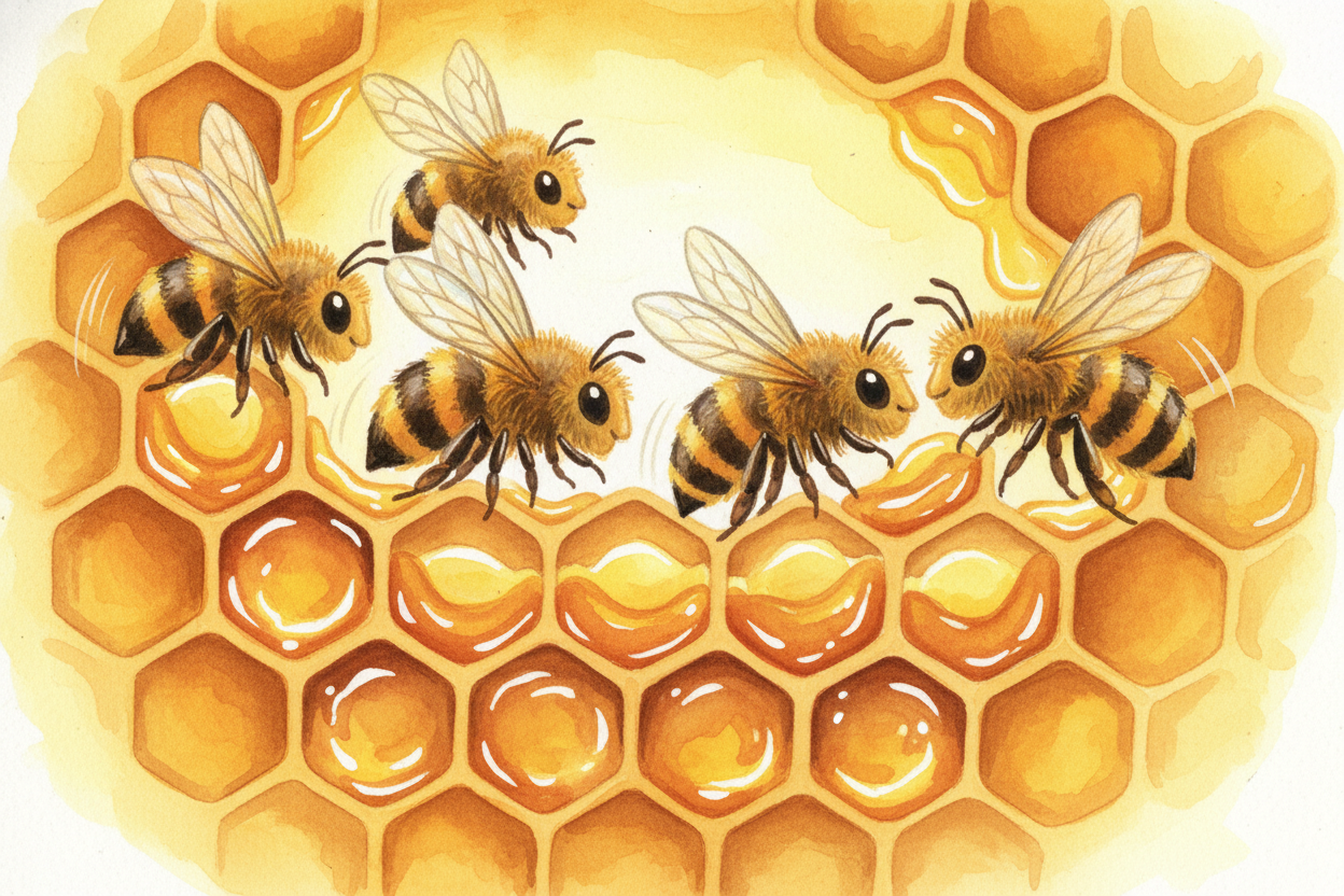 Back at the hive, bees pass the nectar *mouth-to-mouth in a relay*, each one **adding enzymes from special glands** in t