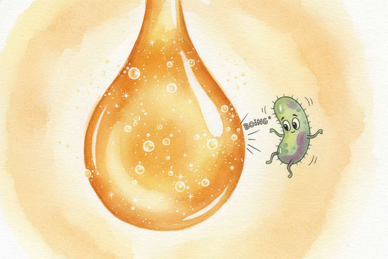 And ~~honey plays one more trick~~. When bacteria do try to settle on its surface, the tiny bit of ++hydrogen peroxide++