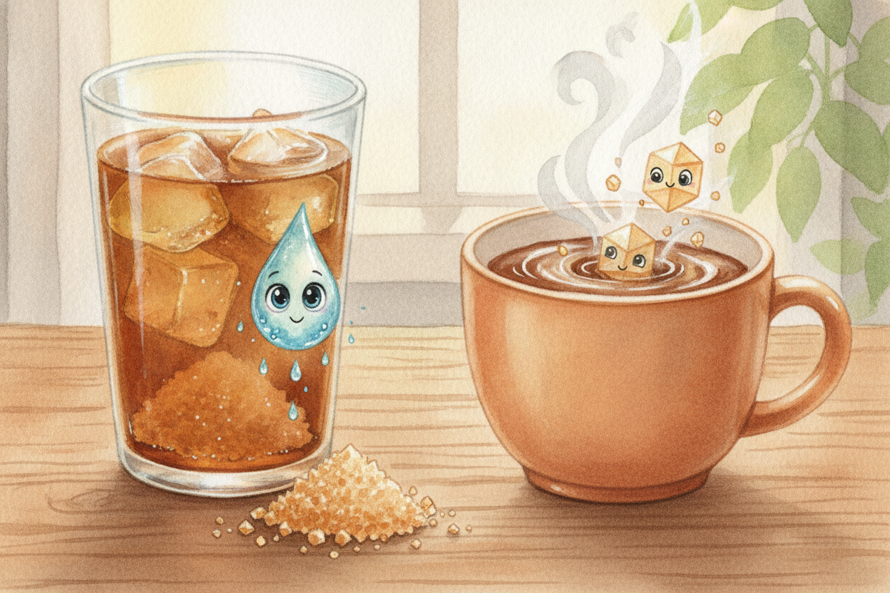 Drop a spoonful of sugar into iced tea and it sulks at the bottom for ages. Drop it into hot tea and — ~~poof~~ — it's g