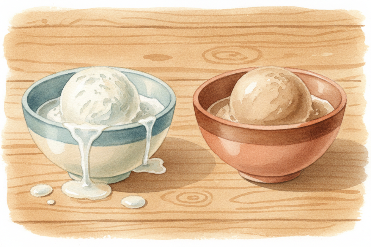 Some ice creams melt faster than others. **More fat and sugar** mean more stuff gets in the way of the *ice crystals*, s