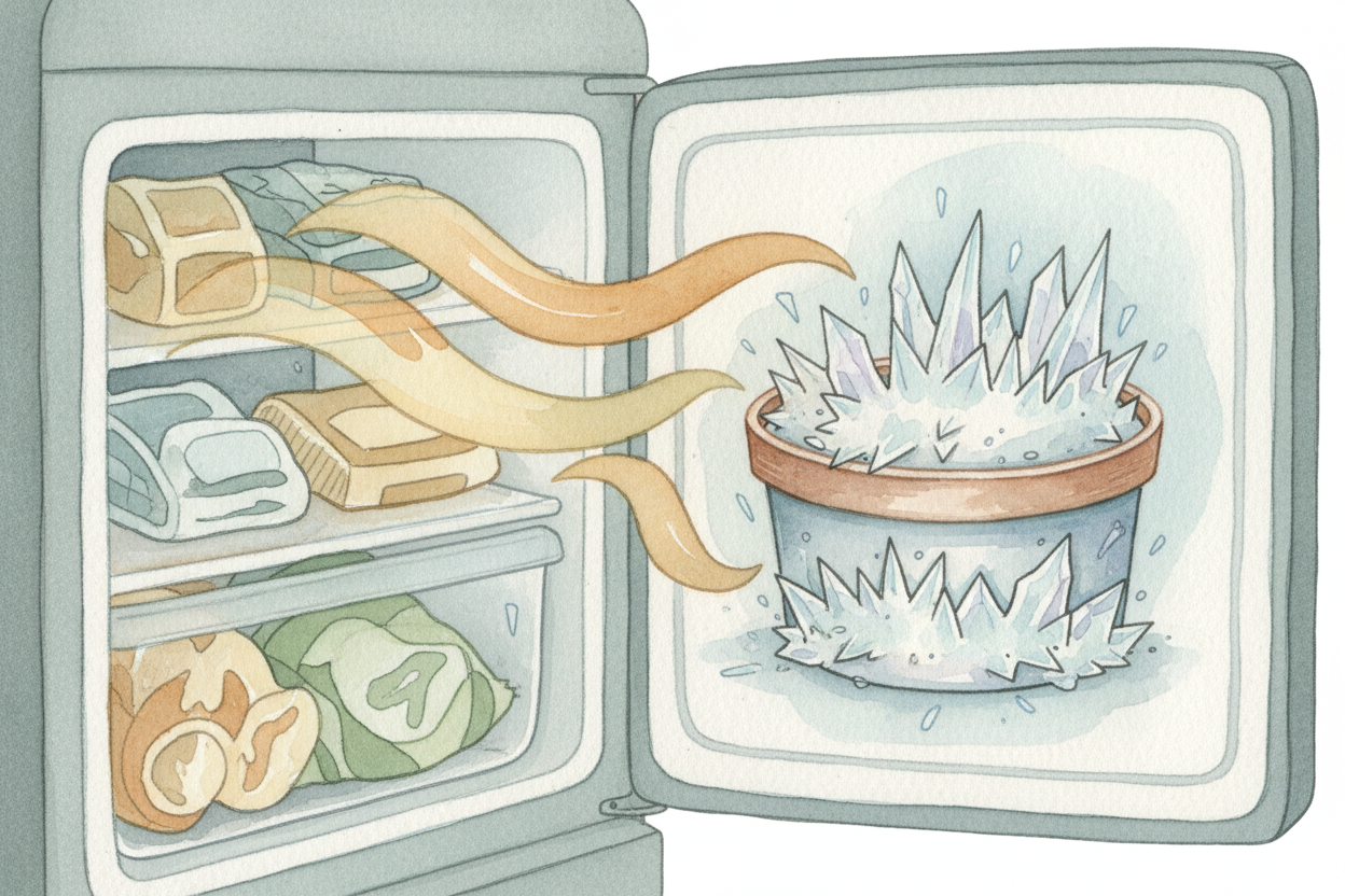 Even in the freezer, ice cream isn't perfectly frozen forever. ~~Open the door too often~~, and **warm air sneaks in**. 