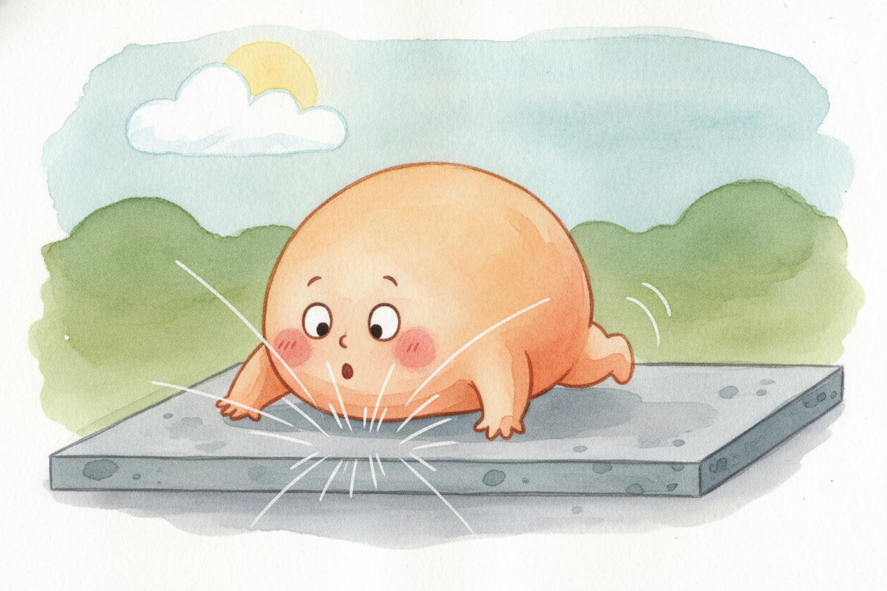 Concrete ~~refuses to squish~~. It barely moves at all. So instead of easing you to a stop over a comfy stretch of time,