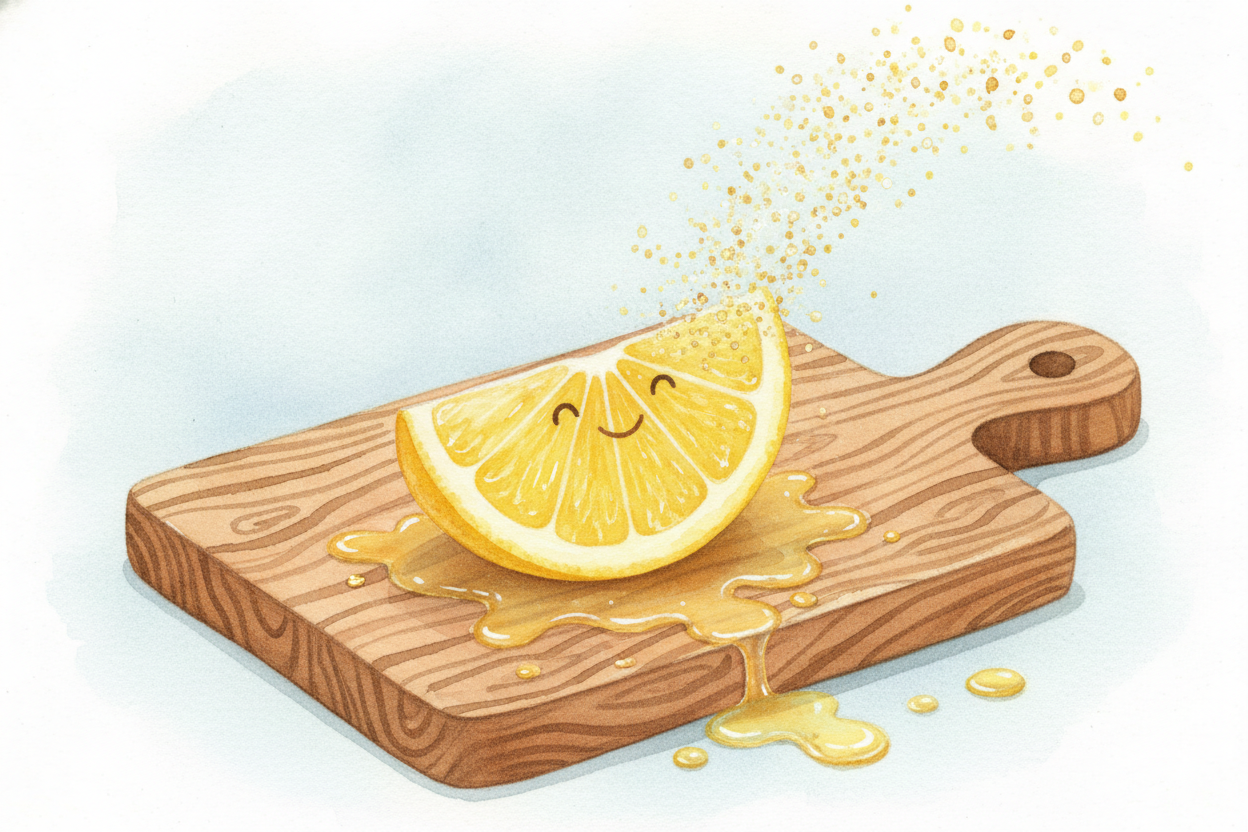 Lemon juice is an acid, packed with something called ++citric acid++. That means it's flinging out **extra hot potatoes*