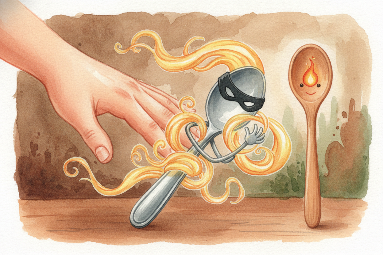 It's not that the metal spoon is colder. Both spoons started at the same temperature! The metal just ~~STEALS YOUR HEAT~