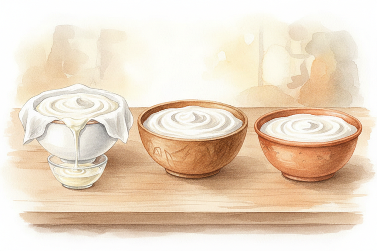 박테리아가 달라지면 요거트도 달라져요. ++그릭 요거트++ 박테리아는 **특히 열심히 일해서** 산을 더 많이 만들고, 그래서 치즈 만드는 사람들이 액체 유청을 걸러 내면 아주 걸쭉한 커드가 남아요. ++아이슬란드 